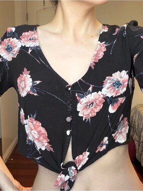Women’s Flower Tie Front Black Crop Top with Pink Floral Print